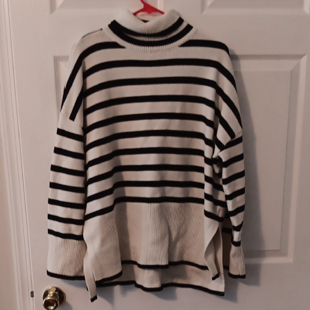 Black and White Striped Turtleneck Sweater